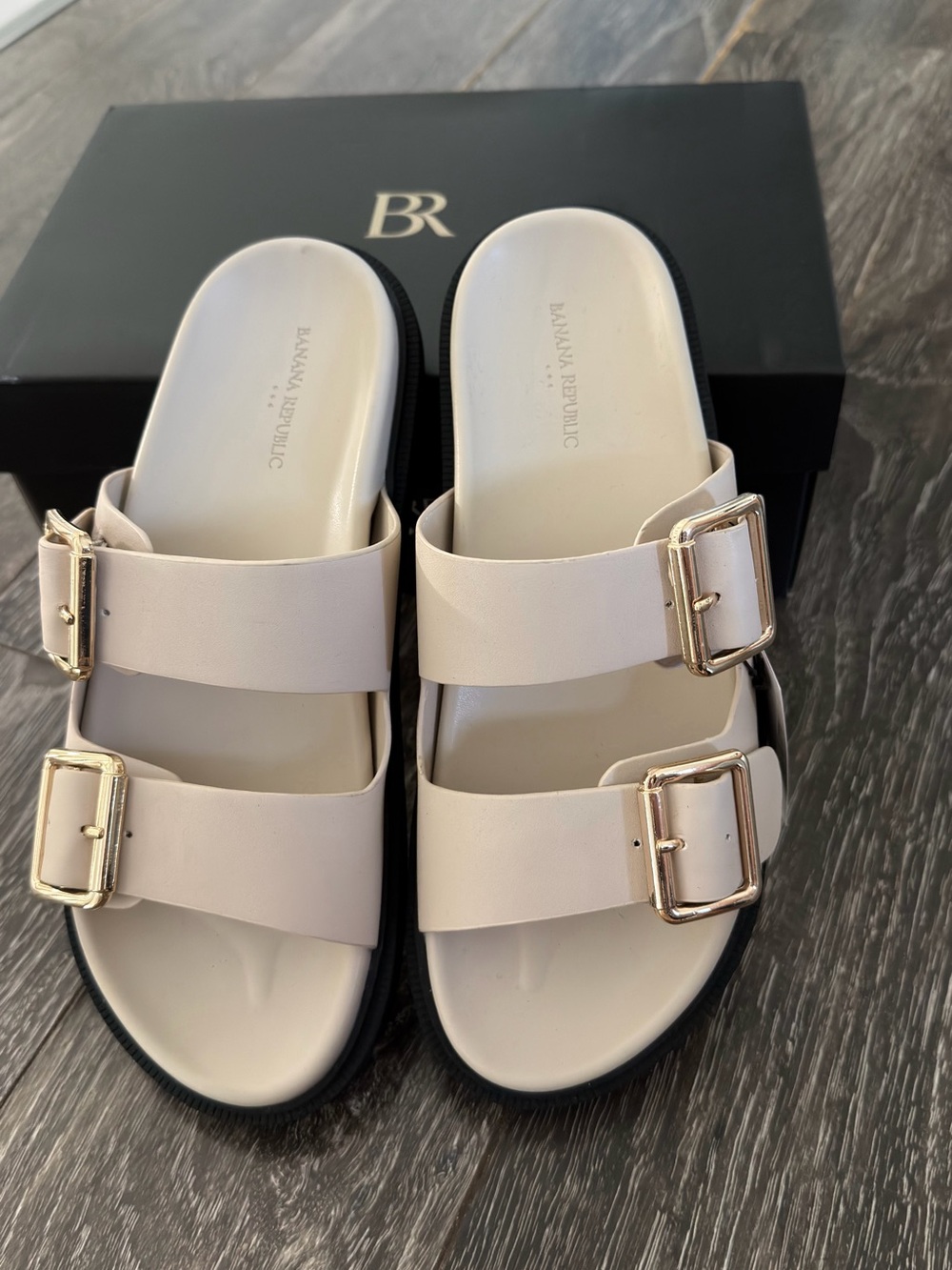 Banana Republic Cream Double-Buckle Slide Sandals with Gold Buckles